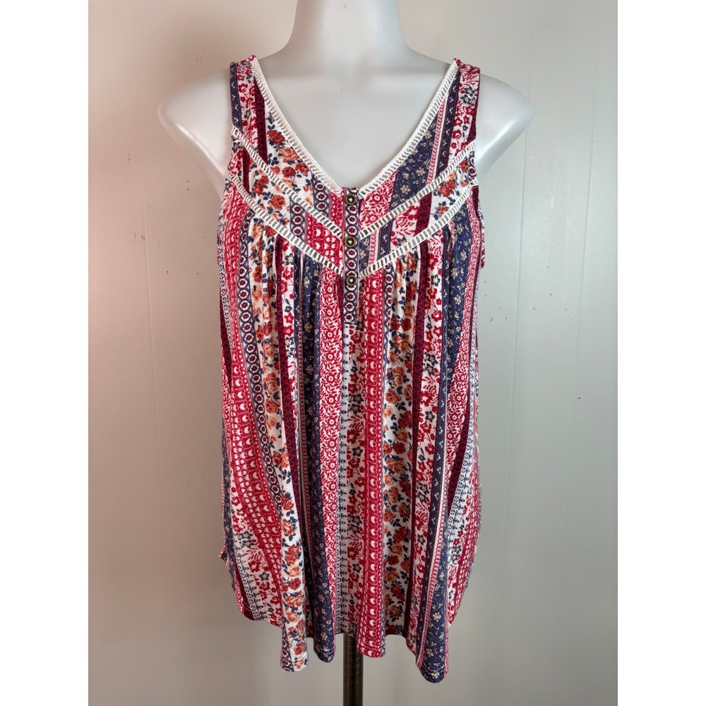 Maurices Tank Top Small Red Floral Stripe Crochet Trim V-Neck Womens